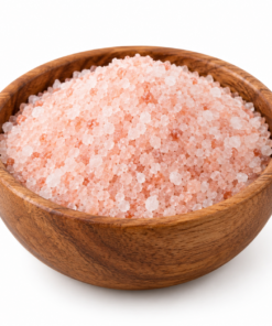 Fijn roze Himalayazout in houten kom op witte achtergrond