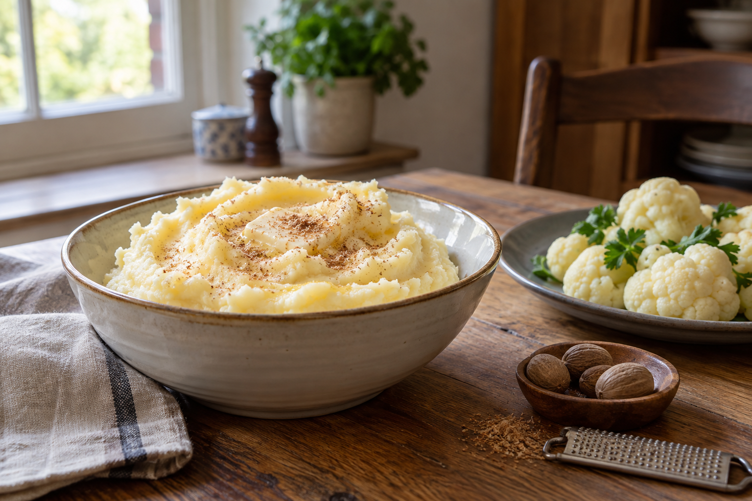 Aardappelpuree en bloemkool op een gedekte tafel