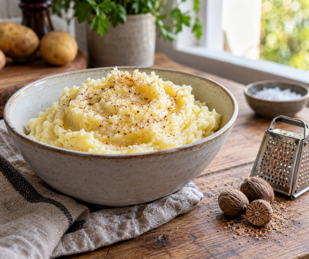 Aardappelpuree met hele nootmuskaat en een kleine rasp — AI-illustratie - Kruidenkaravaan Aardappelpuree met hele nootmuskaat en een kleine rasp
