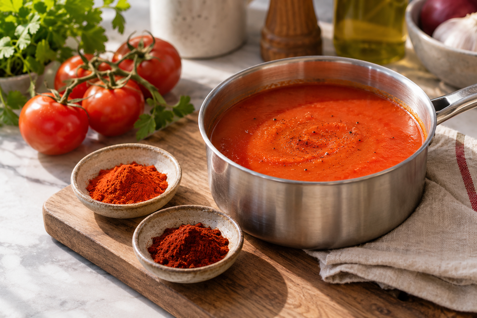 Pan tomatensoep met twee kleine schaaltjes paprikapoeder — AI-illustratie