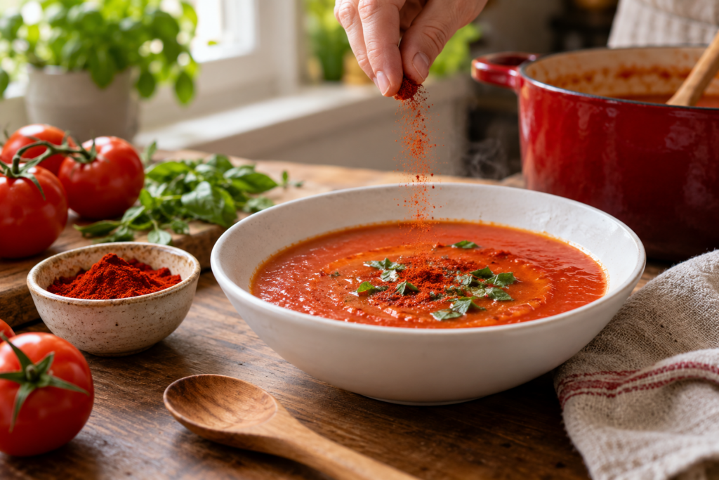 Tomatensoep naast gerookt paprikapoeder en een houten lepel — AI-illustratie