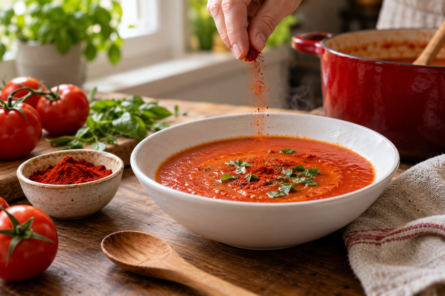 Tomatensoep naast gerookt paprikapoeder en een houten lepel — AI-illustratie