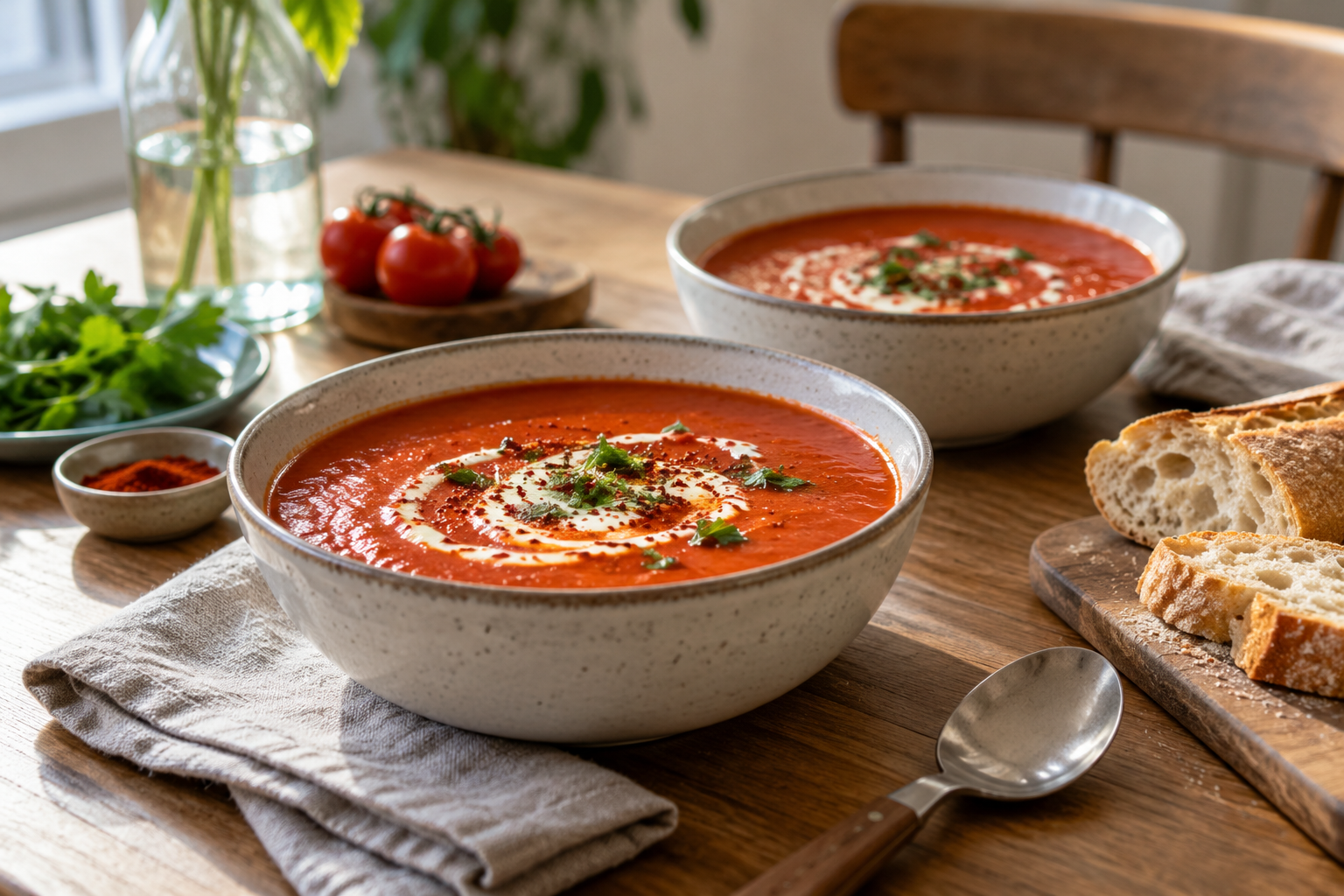 Twee kommen tomatensoep met brood op een lunchtafel — AI-illustratie