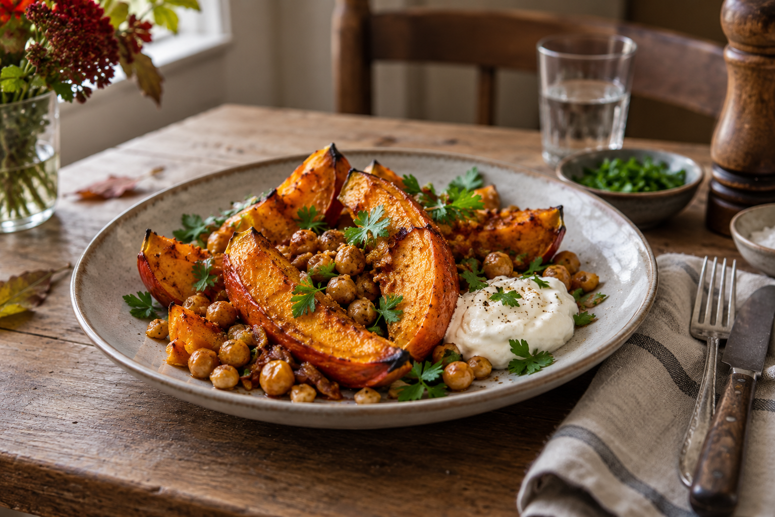 Ovenpompoen geserveerd met kikkererwten en yoghurt